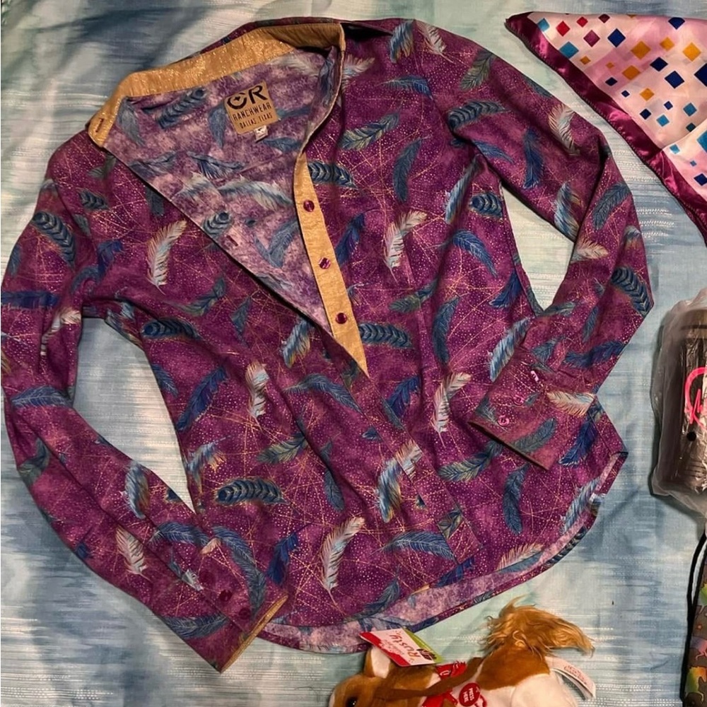 Purple Feather Print Button Down Shirt